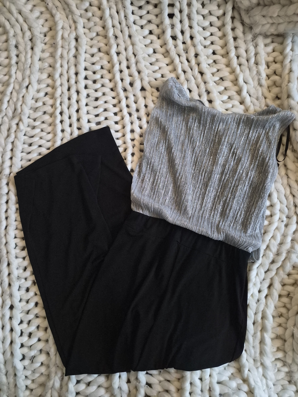 Studio Silver Top with Black Wide-Leg Jumpsuit
